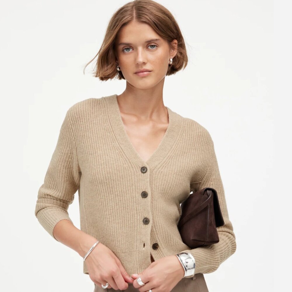 New Madewell SoftWool Button-Front Cardigan Heather Oatmeal M